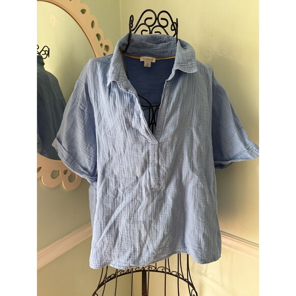 Sundance Catalog Blue Gauzy Cotton S/S Top Blouse Tunic M Boho Beachy - Picture 1 of 5